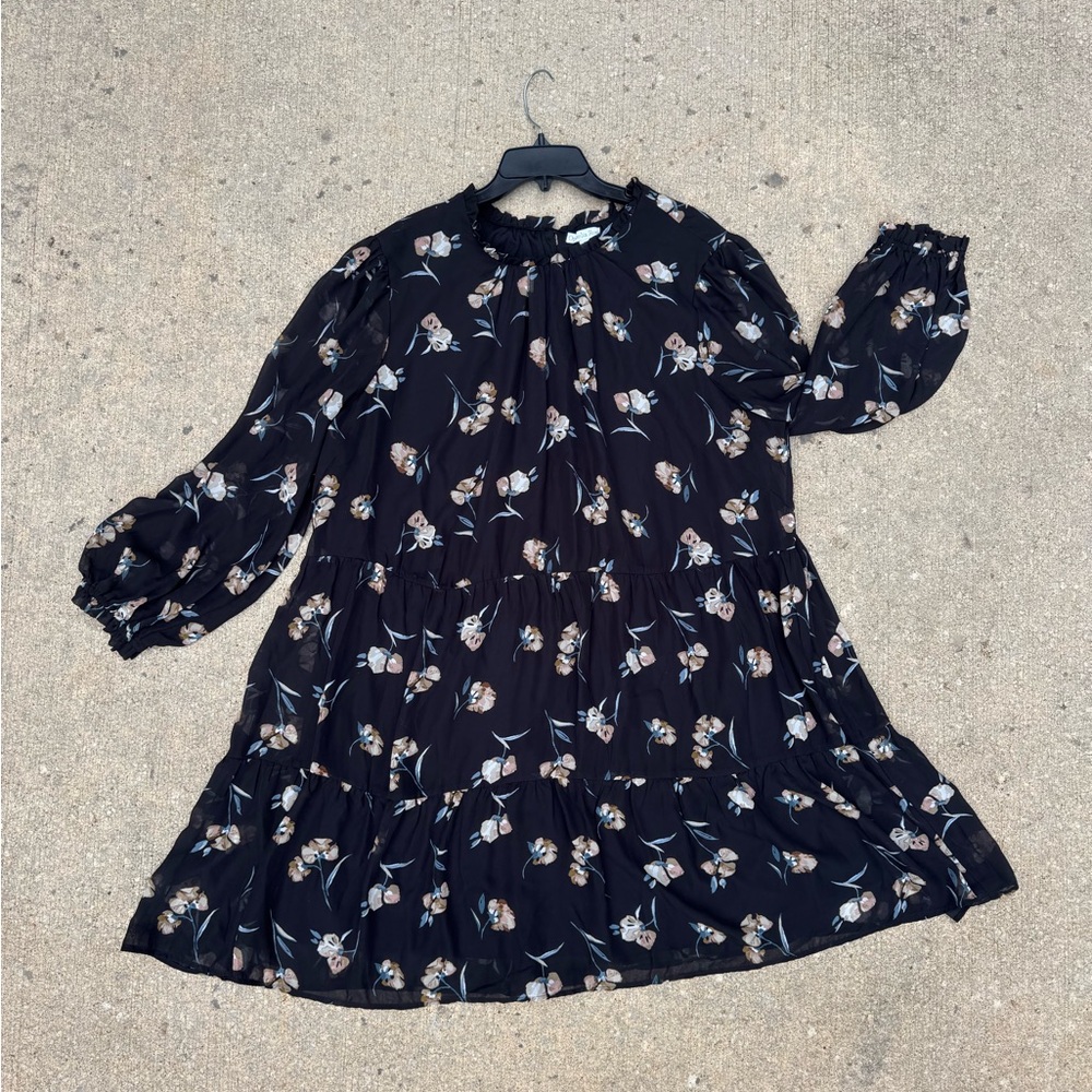 Ophelia Roe Floral Print Black A-Line Dress 2X‎ Long Sleeves Cottagecore Fall